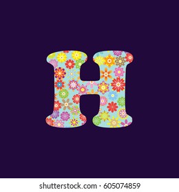 Floral abstract lettering on dark purple background. H letter vector illustration.
