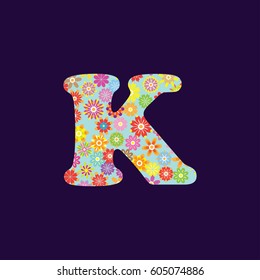Floral abstract lettering on dark purple background. K letter vector illustration.
