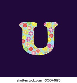 Floral abstract lettering on dark purple background. U letter vector illustration.
