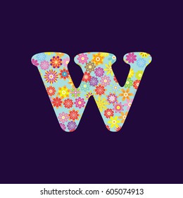 Floral abstract lettering on dark purple background. W letter vector illustration.
