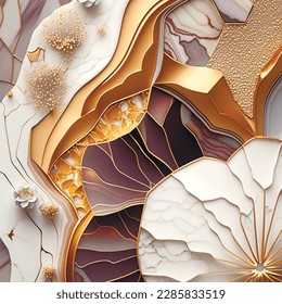 Floral abstract marbled 3d pattern background with golden inlay veins, lines. Marble stone texture, jasper. Ornamental art Deco marble textured flowers pattern. Fake painted artificial stone texture.