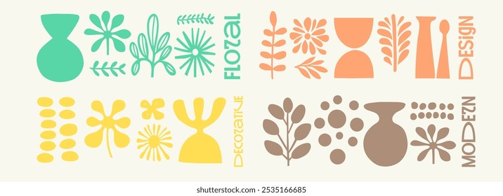 Diseño minimalista abstracto floral con coloridas Formas geométricas, jarrones y plantas en una composición armoniosa. Estilo moderno decorativo con simetría lúdica.