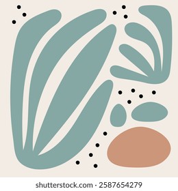 Floral abstract minimalist design featuring colorful geometric plants shapes and circles  in a harmonious composition. Decorative modern style with playful symmetry. Flat vector illustration.