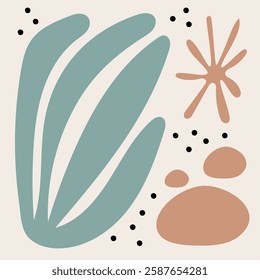 Floral abstract minimalist design featuring colorful geometric plants shapes and circles  in a harmonious composition. Decorative modern style with playful symmetry. Flat vector illustration.