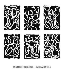 Floral Abstract Monochrome Elements Arranged in Rectangular Shape Vector Composition. Mosaic Botanical Trendy Floral Design