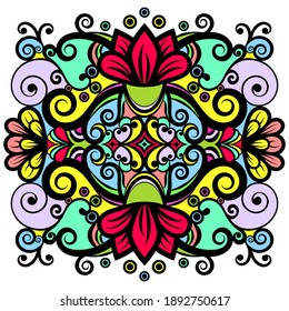 Floral abstract ornament, bright colorful pattern, multicolored ethnic tracery, hand drawing. Ornate decorative element with flowers and curls isolated on white background. Vector illustration