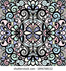 Floral abstract ornament, bright pastel colorful pattern, multicolored background, ethnic swirl tracery, hand drawing. Ornate decoration with flowers and curls isolated. Vector illustration