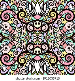 Floral abstract ornament, bright pastel colorful pattern, multicolored background, ethnic swirl tracery, hand drawing. Ornate decoration with flowers and curls isolated. Vector illustration