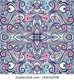 Floral abstract ornament, bright pastel colorful pattern, multicolored background, ethnic swirl tracery, hand drawing. Ornate decoration with flowers and curls isolated. Vector illustration