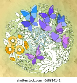 Floral abstract ornament with leaves, flowers, waves, insects. Vintage textured style. Pastel colors. Vector design.