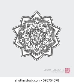 Floral abstract ornament of round shape. Mandala, graphic elements are drawn by hand. Modernistic Art.