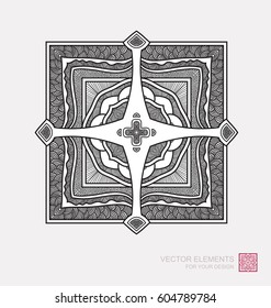 Floral abstract ornament of round shape. Christian cross, graphic elements are drawn by hand. Modernist Minimalist Art