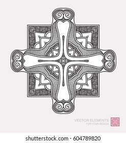Floral abstract ornament of round shape. Christian cross, graphic elements are drawn by hand. Modernist Minimalist Art