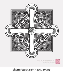 Floral abstract ornament of round shape. Christian cross, graphic elements are drawn by hand. Modernist Minimalist Art