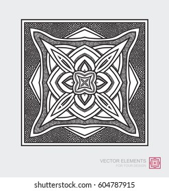 Floral abstract ornament of square shape. Decorative monochrome tile design,  Vector graphic elements. Modernist Minimalist Art.