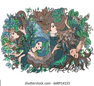 Floral abstract ornament with surreal female faces, leaves, flowers, waves. Vintage textured style. Pastel colors. Vector boho design.
