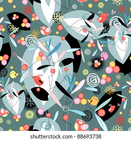 floral and abstract pattern with birds