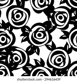 Floral abstract pattern with black roses and leaves. Vector seamless background