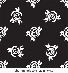 Floral abstract pattern with black roses and leaves. Vector seamless background