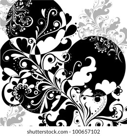 Floral abstract pattern in black and white on a white background 