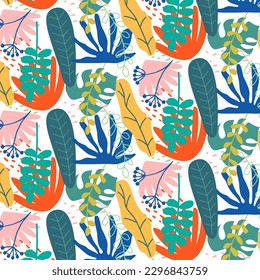 Patrón floral y abstracto con ramas y hojas. Antecedentes dibujados a mano. Dulce lindo dibujo al estilo de doodle. Plantilla de moda para postal, invitación, disposición, fondo de pantalla. Ilustración vectorial. 