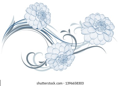 Floral abstract pattern with hand-drawn dahlia flowers. Element for invitations, greetings, cards.
