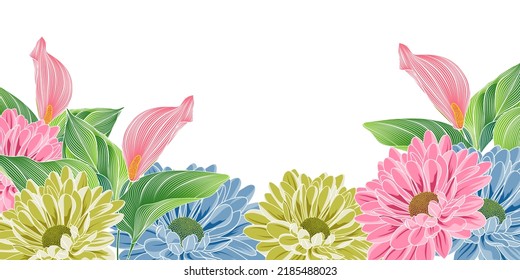 Floral abstract pattern with hand-drawn gerbera flowers. Element for invitations, greetings, cards, wrapping paper, wallpaper.