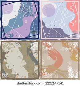 floral abstract pattern hijab design set, for scarf, bandanna, silk, fabric.