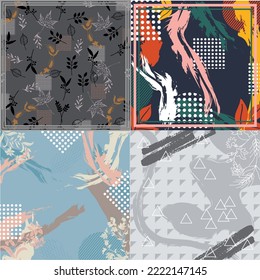 conjunto de diseño de hijab con patrón abstracto floral, para pañuelo, bandana, seda, tela.