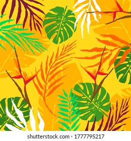 Patrón abstracto floral aislado sobre fondo amarillo. Dibujo de textura vectorial de hojas