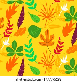Floral abstract pattern isolated on yellow background. Leaves vector texture illustration