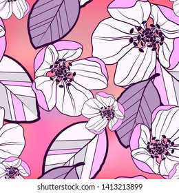 Floral abstract pattern of large purple-white with black apple flowers and colorful leaves, on a bright gradient pink-purple background.