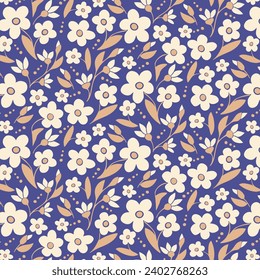 Floral abstract pattern on blue background in vintage colors. Flat hand drawn cut out flowers, leaves. Unique retro print design for textile