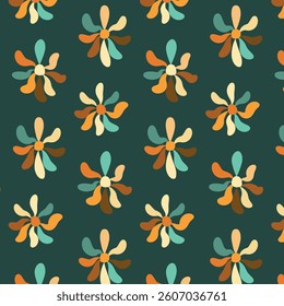 Floral abstract pattern. On a dark background. Retro fabric of the 60s. 70s in vintage style.