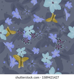 Floral abstract pattern with shades of blue.Yellow butterfly.Vector illustration.