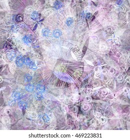Floral abstract pattern with stylized feathers, leaves, petals. The predominance of blue, gray and white. Seamless vector background for fabric, book covers, Boho design. The effect of watercolors