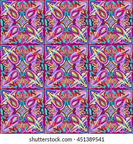 Floral abstract pattern. Trendy ethnic texture. Abstract drawn ornament. Colorful old-fashion wallpaper. Tribal background for printed products or fabric.
