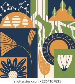 Floral abstract postcard, background. Botanical composition in the style of modernism. Nature poster. Vector illustration