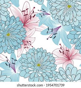 Floral abstract seamless hand-drawing background with chrysanthemum and lily flowers.