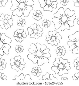 Floral abstract seamless pattern. Black simple hand drawn vector flowers on white background. Simple vector geometric illustration. Design for web and print on textile, fabric, paper