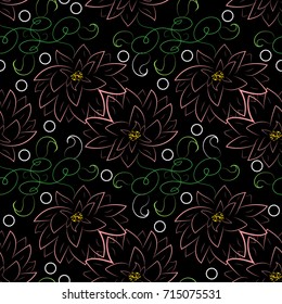 Floral abstract seamless pattern. Black vector  background wallpaper with hand drawn colorful line art tracery vintage flowers, swirl leaves and modern ornaments.
