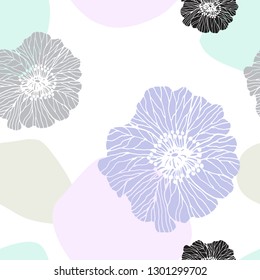 Floral abstract seamless pattern with blobs abstract and poppies in hand drawn style on white background. Light colorful vector illustration.