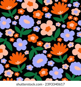 Floral abstract seamless pattern. Blooming meadow background. Creative floral design. Vector pattern for various surface. Blossom floral seamless pattern. Botanical background.