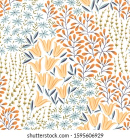 Floral abstract seamless pattern with bright wild field flowers. Simple vintage textile design. Modern vector illustration. Ditsy print. Wallpaper, paper, fabric, textile design.