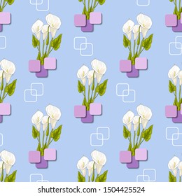 Floral abstract seamless pattern of calla lily flower with elements. Vector illustration of repeat doodle background of white flowers for wallpaper, tablecloth, textile, cover design.