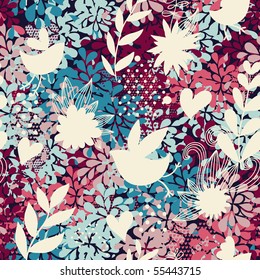 Floral abstract seamless pattern with cartoon birds