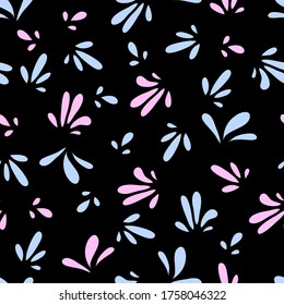Floral abstract seamless pattern with colorful simple flower elements on black. Hand drawn vector illustration. Perfect for fabric, textile, cards, banner,gift wrapping, baby projects.