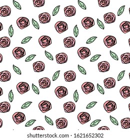 Floral abstract seamless pattern with colorfull roses and leaves on white background. Hand drawn illustration. Perfect for fabric, textile, cards, banner,gift wrapping.