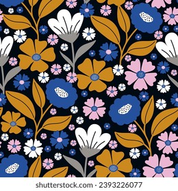 Floral abstract seamless pattern. Creative floral design. Blooming meadow background. Blossom floral seamless pattern. Botanical background. Vector pattern for various surface.