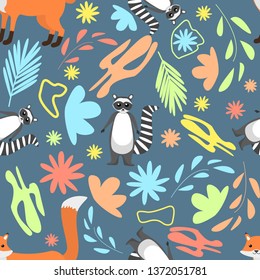Floral abstract seamless pattern with cute racoon and fox on dark blue background Vector Illustration